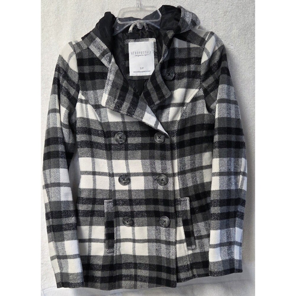Aeropostale Womens Plaid Peacoat Hooded Button Jacket Black White Sz Small 2014